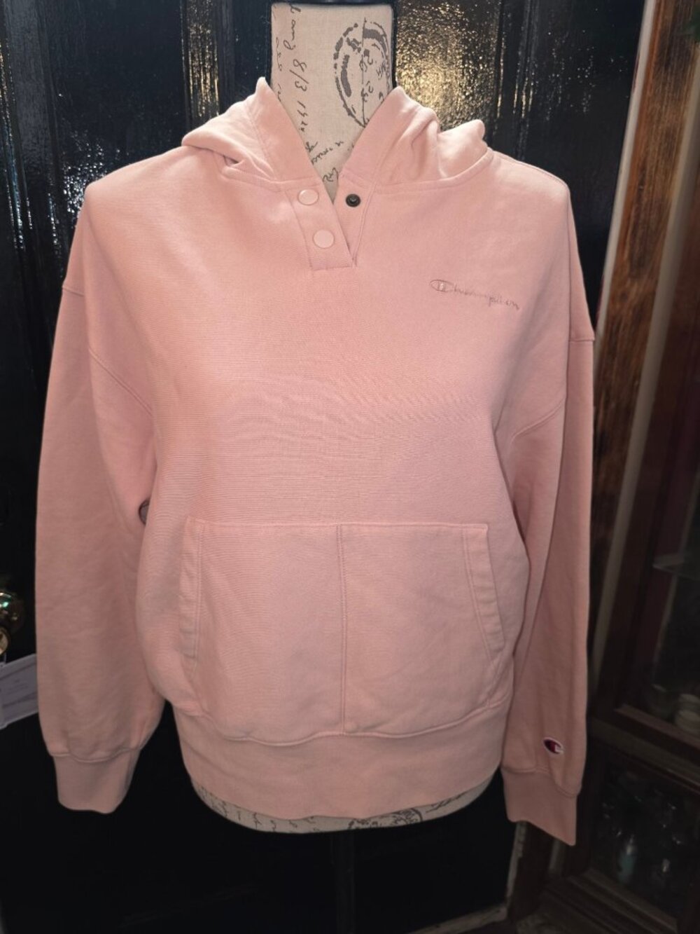 Champion Womens Pink Pullover Hoodie With Kangaroo Pocket Snap Collar Size S